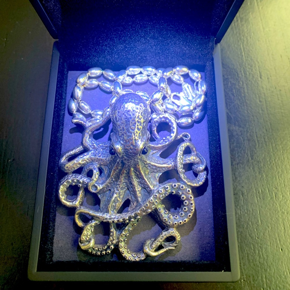 HUGE hand made solid sterling silver octopus pendant & matching necklace!